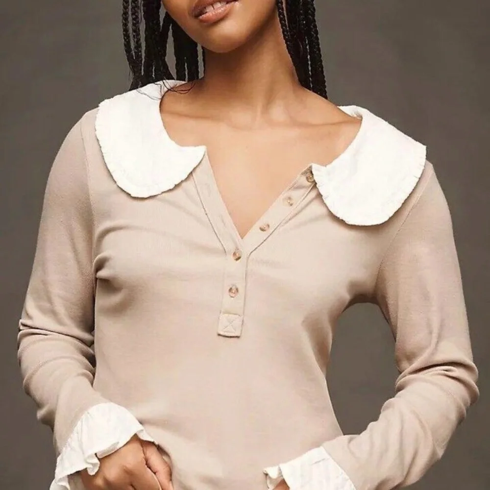 Pilcro Anthropologie Keira Peter Pan Collar Henley Top Size Small Neutral NWT - Picture 2 of 12